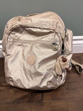 Kipling Metallic Cream Mini Backpack with Monkey Keychain